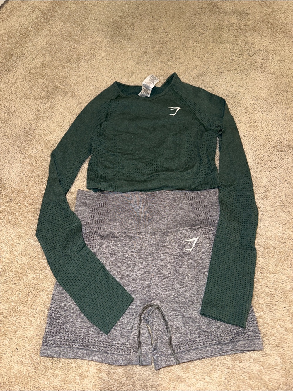 Gymshark Forest Green Cropped Long Sleeve Top with Gray High-Waist Shorts